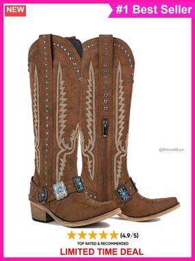 Knee High Western Cowgirl Boots Embroidered Leather Block Heel Side Zip